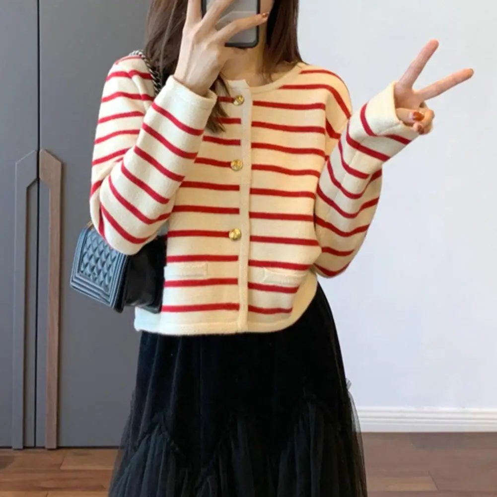 Women Fall Winter Knit Cardigan Color Matching Striped Single-breasted Warm OL Commute Style Lady Short Sweater Coat