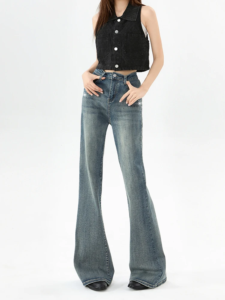 

American Retro Rhinestone Versatile High Waist Slimming Elastic Bell Bottom Jeans Women's Casual Cotton Polyester Spandex Blend