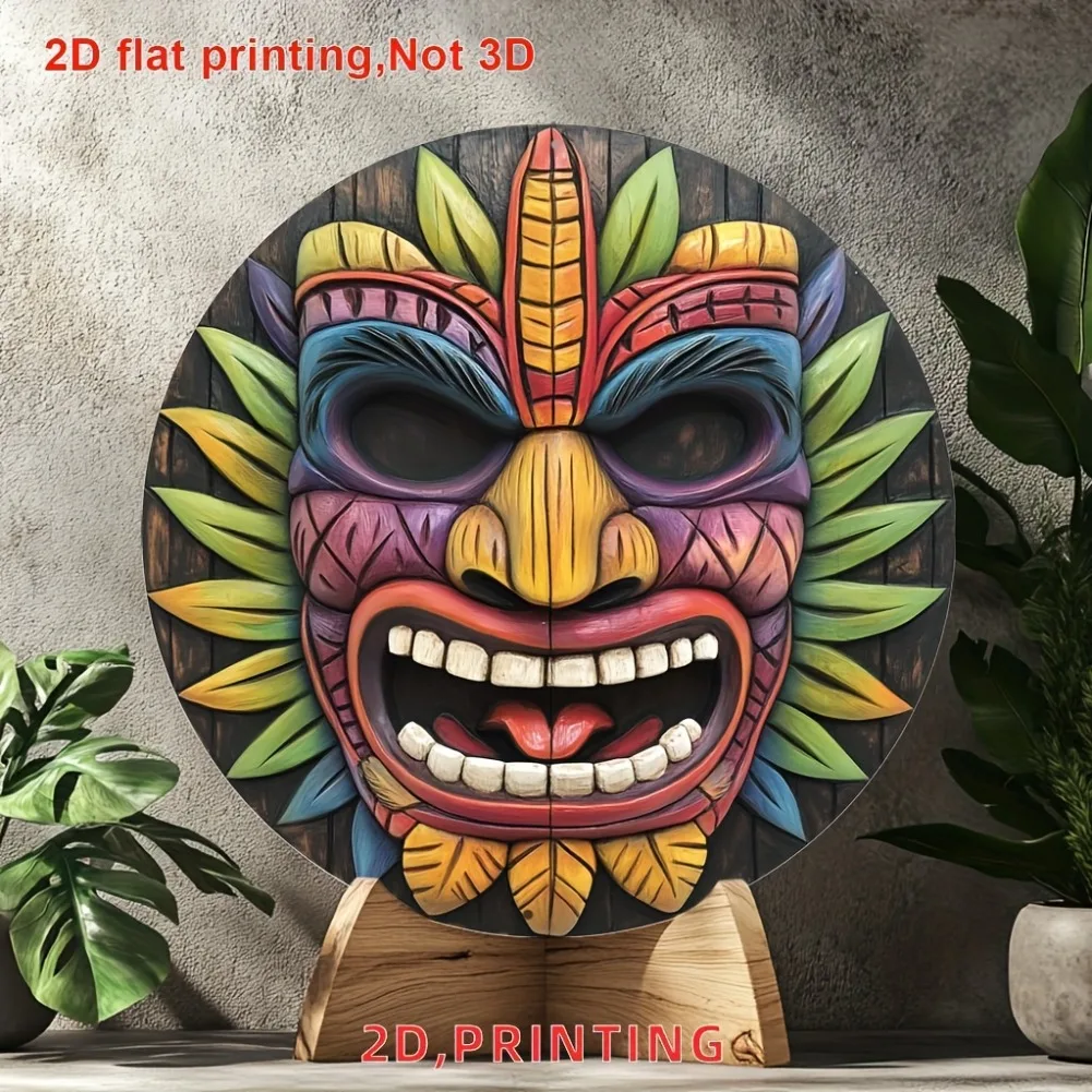 Lebhaftes Tiki Art 2D-Flachmetallschild – 1 Stück 20,3 x 20,3 cm rundes Aluminium-Kranzdekor, perfektes Weihnachtsgeschenk für Weihnachten und Halloween