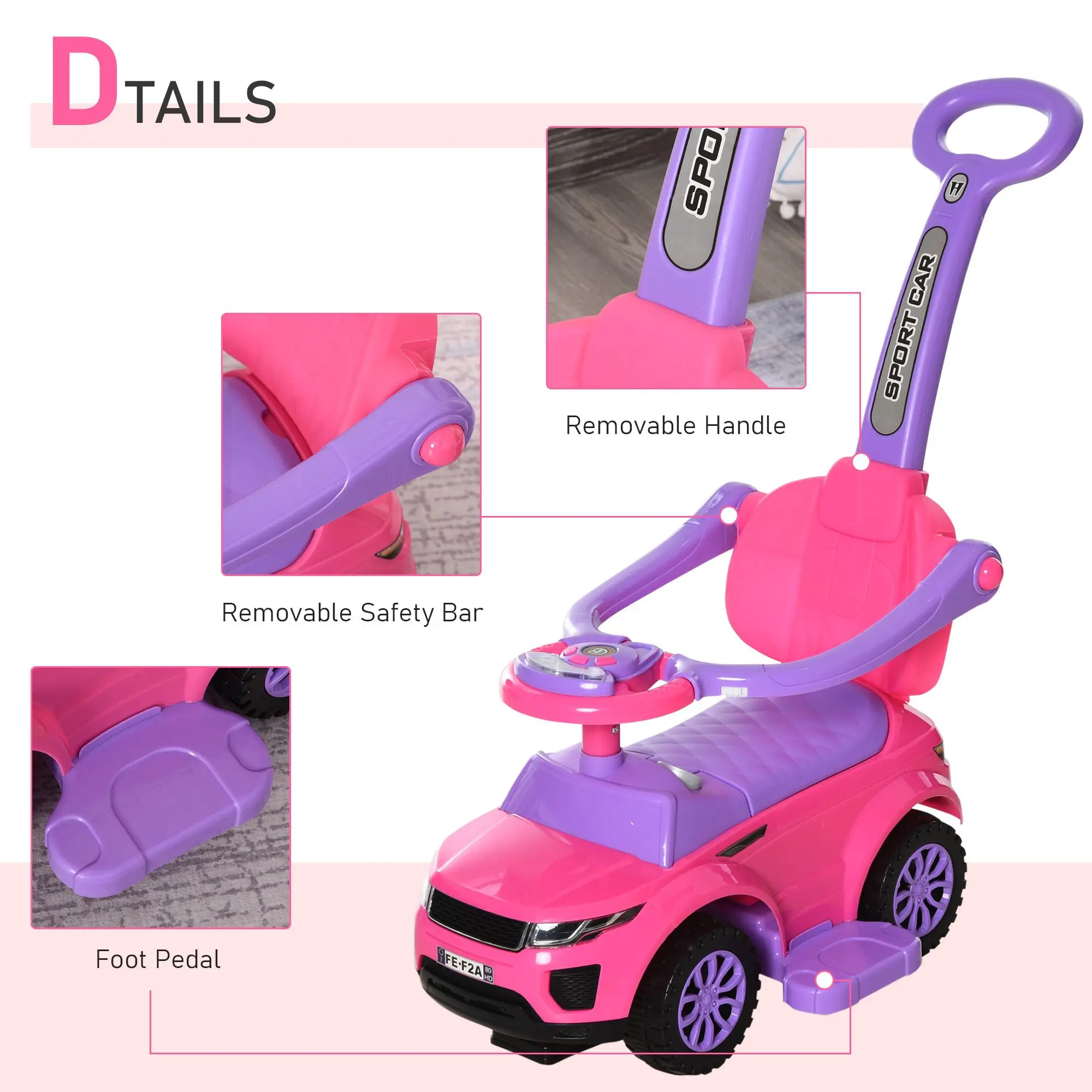 3 In 1 Push Cars for Toddlers Kid Ride on Push Car Stroller Sliding Walking Car Toy for Boy Girl 1-3 Years Old Pink