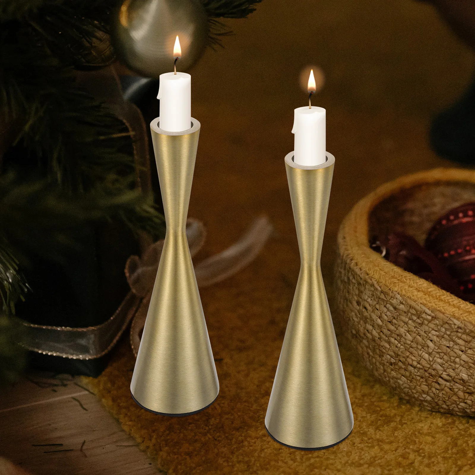 

Sturdy Metal Taper Holder Hourglass Shaped Decorative Candlestick For Bedroom Desktop Fireplace Gold Creative Stand