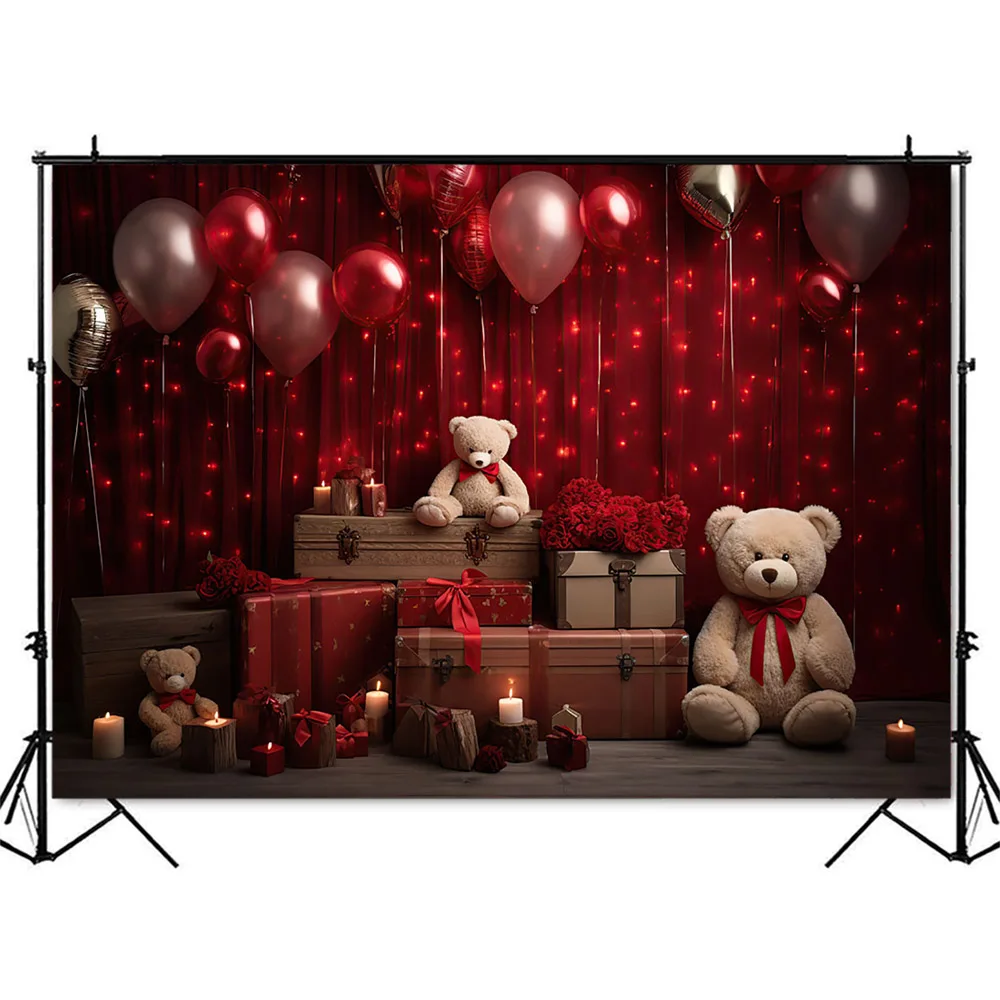 Telón de fondo de fotografía para estudio fotográfico, oso de juguete, Día de San Valentín, cortina roja con purpurina, decoraciones de retrato para niños recién nacidos