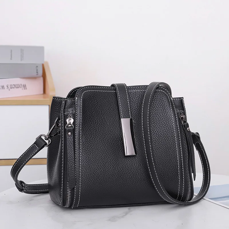 Top Layer Cow Leather 2024 New Versatile Fashion Women\'s Handbag High Quality Shoulder Bag Lady Commuting Crossbody Bucket Bag