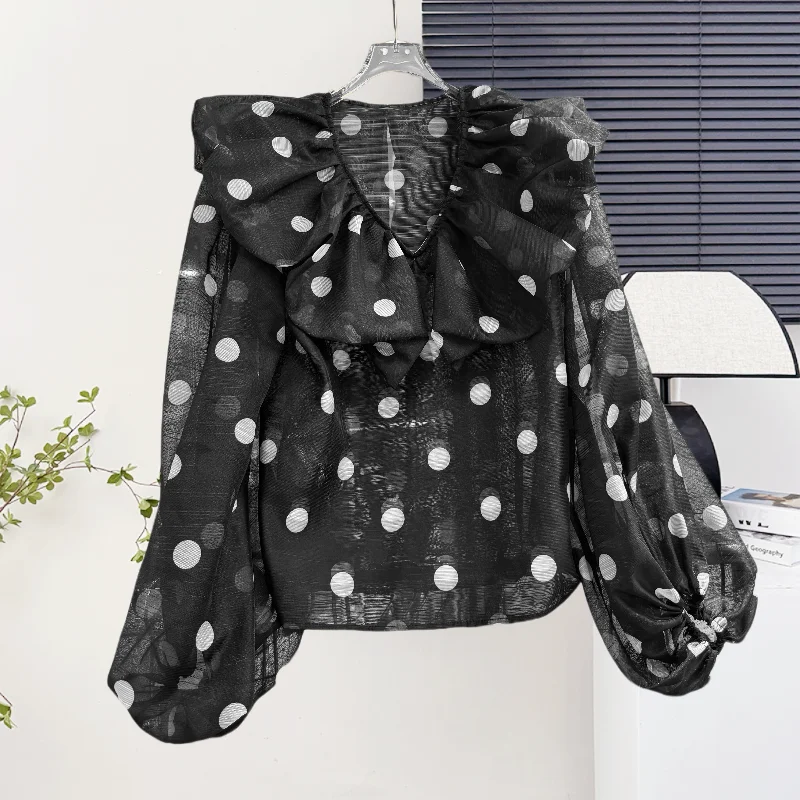

2025,New,European,Clothes,Chiffon,Blouse,Chic,Sexy,V-Neck,Print,Wave point,Ruffles,Women,Long Sleeve,Shirt,Pullover,Tops,57011