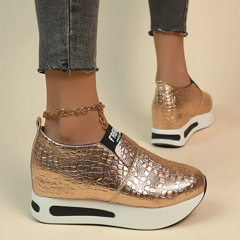 Silver PU Leather Platform Sneakers Women Casual Non-Slip Thick Sole Sports Shoes Woman Plus Size Slip-On Loafers Zapatos Mujer image 6