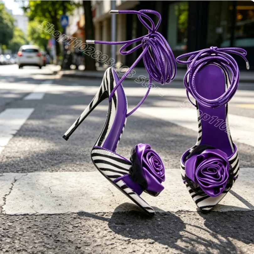 

Purple Flower Zebra Stripe Sandals Thin High Heels Open Toe Ankle Strap Splicing Casual Banquet Women Shoes Zapatos Para Mujere