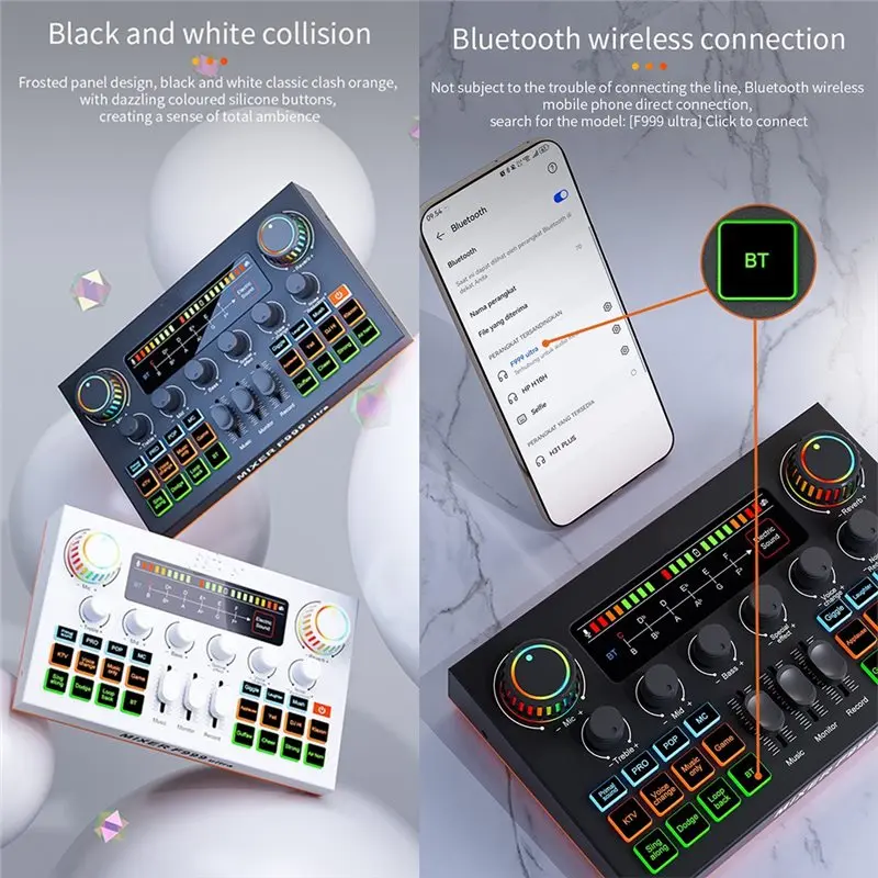 Karta dźwiękowa F999 Ultra Bluetooth z ekranem dotykowym, mikser, akompaniament do nagrywania śpiewów, niezależna karta dźwiękowa do występów na żywo, czarna - ABIU