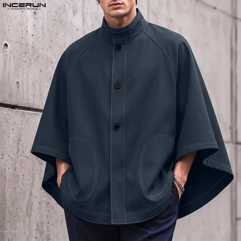 INCERUN Herrenjacken Einfarbiger Umhang Übergroßer Stehkragen Unregelmäßige Mäntel Ponchos für Männer Streetwear 2026 Mode Lässiger Umhang