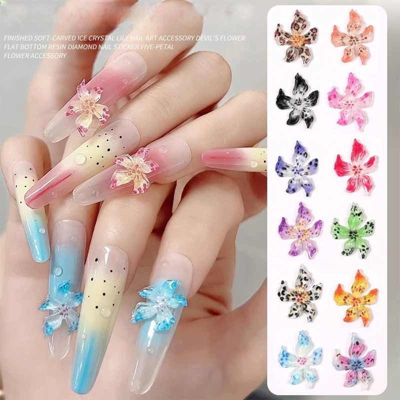 20/50個入り クリスタルユリ ネイルアートデコレーション - 3Dゼリー樹脂ユリデコレーション ソフトスカルプチャー樹脂ユリフラワー プレスオンネイル ラインストーン
