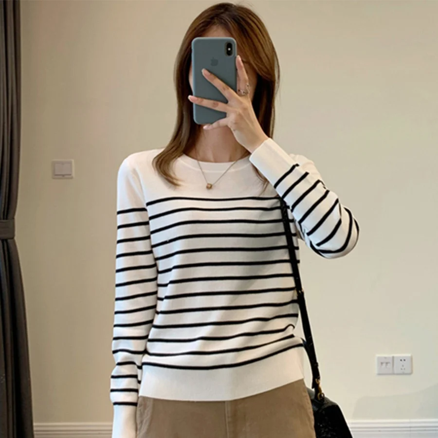25 Women's 100% Combed Long Staple Cotton Knitted Round Neck Striped Sweater For Autumn And Winter Warm Top Factory Direct Sales