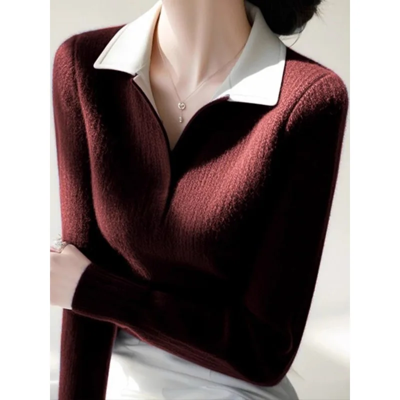 

Осень и зима, новый стиль, сращенный пуловер с лацканами, модные универсальные свободные повседневные вязаные свитера с длинными рукавами