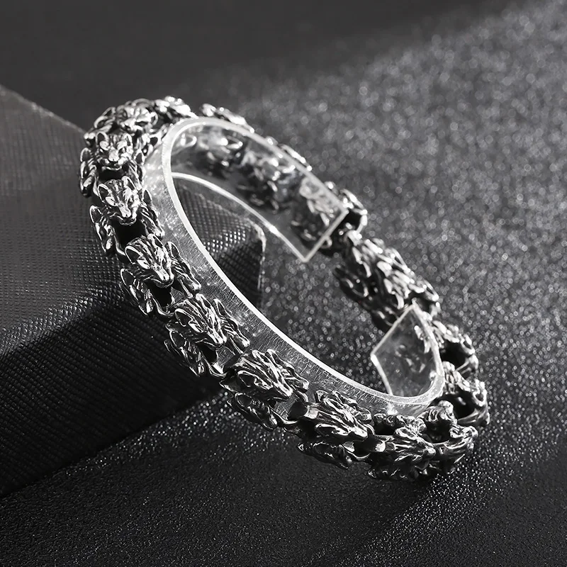 Gothic Bracelet Biker Wolf Link Chain Stainless Steel Jewelry 12mm 8.66inch Nice Gifts For Father Husband