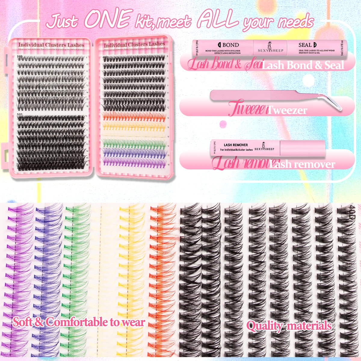 Duże, kolorowe kępki rzęs 30D40D50D 9-16mm, pęseta, klej do rzęs, miękkie i puszyste, odpowiednie do użytku osobistego i w podróży.