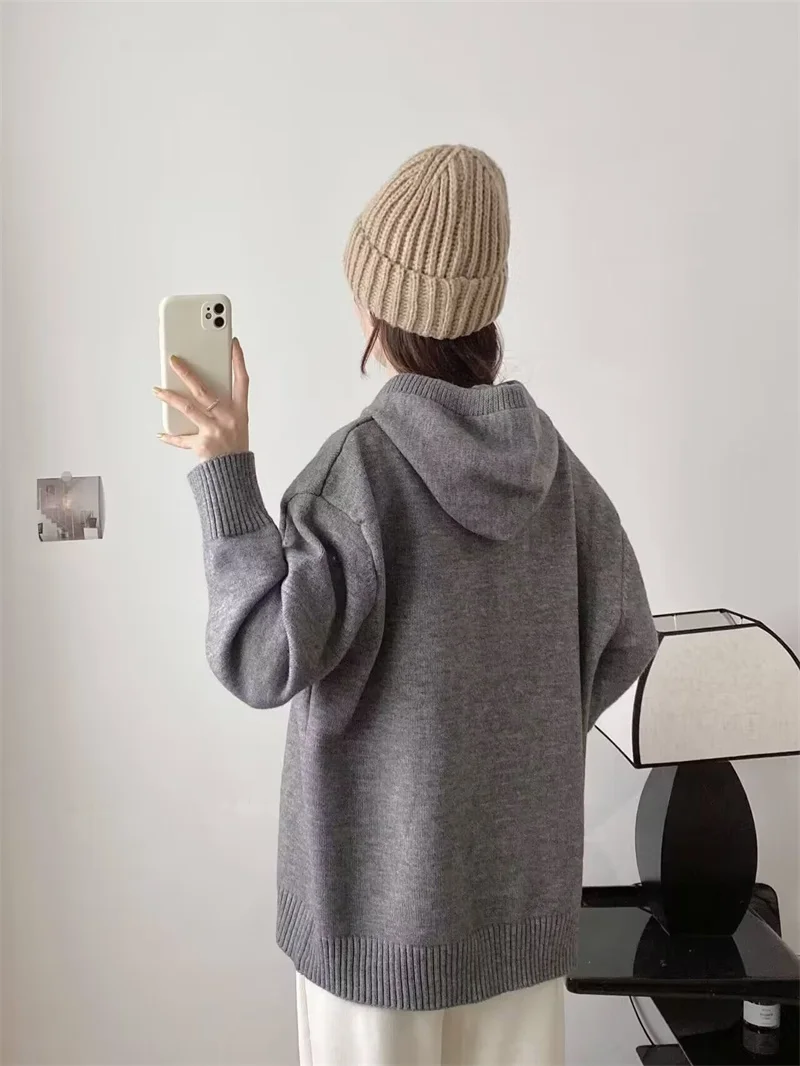 KEYANKETIAN 2024 New Launch Women's Dark gGay Knit Hoodie Unisex style Winter Thick Kangaroo Pocket Tops Oversize Sweatshirts