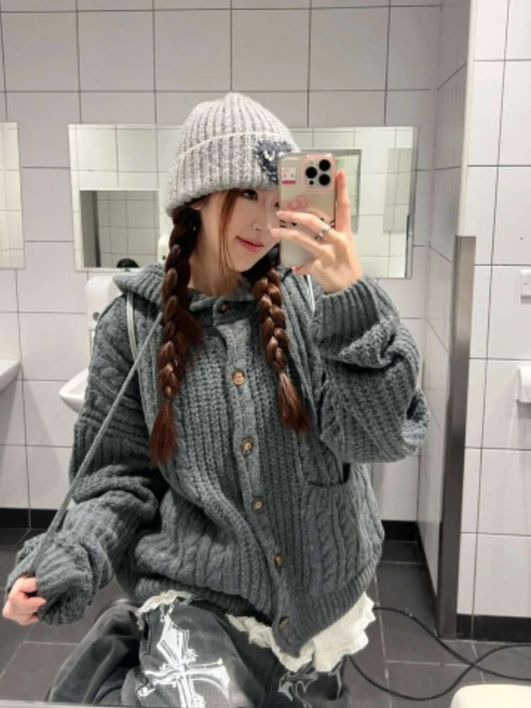 

Deeptown Gray Vintage Elegant Women Hooded Cardigan Blue Long Sleeve Korean Fashion Pocket Sweaters Oversize Basic Casual Winter