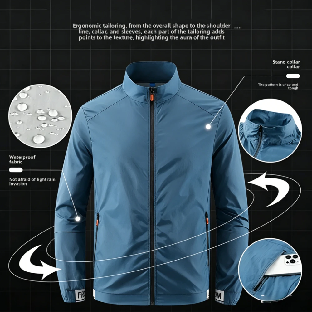 Men's UPF 50+ Sun Protection Jacket - Lightweight Windbreaker with Stand Collar Breathable & Packable for Hiking Running Travel