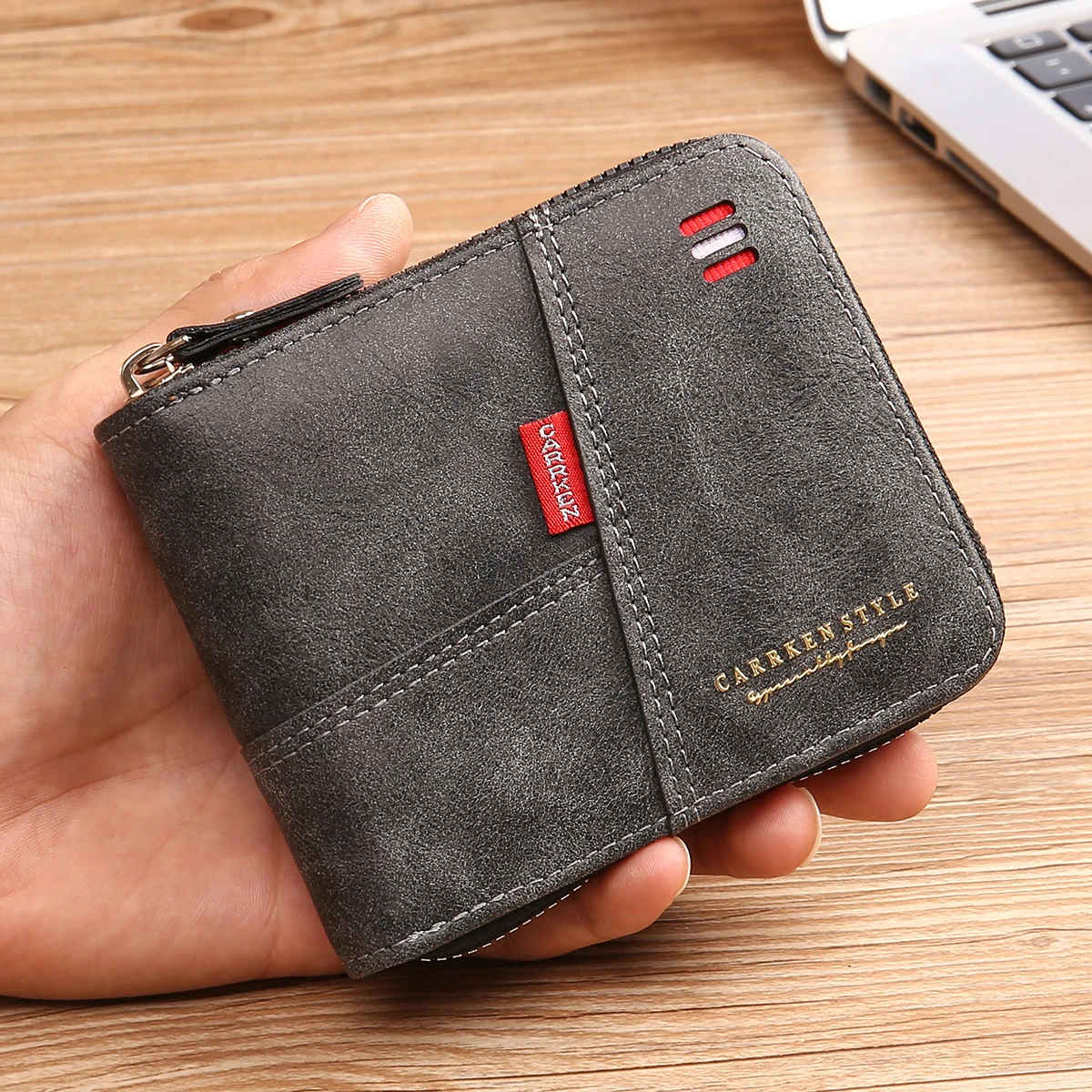 2024 new men\'s wallet short horizontal style fashion stitching three fold zipper pocket pocket multi-functional retro casua