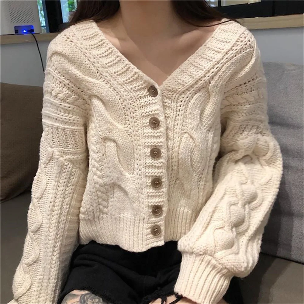 

Women Vintage V-Neck Sweater Spring Autumn Fashion Warm Loose Black Short Knitted Jacket Solid Long Sleeve Cardigan Femme Jumper