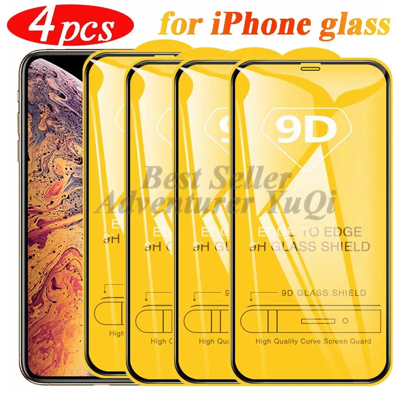 For iPhone 16 14 13 15 Pro Max Glass Screen Protector 4Pcs 12 11 9D Full Glue Tempered X XR XS 7 8 se2020 Plus Protective