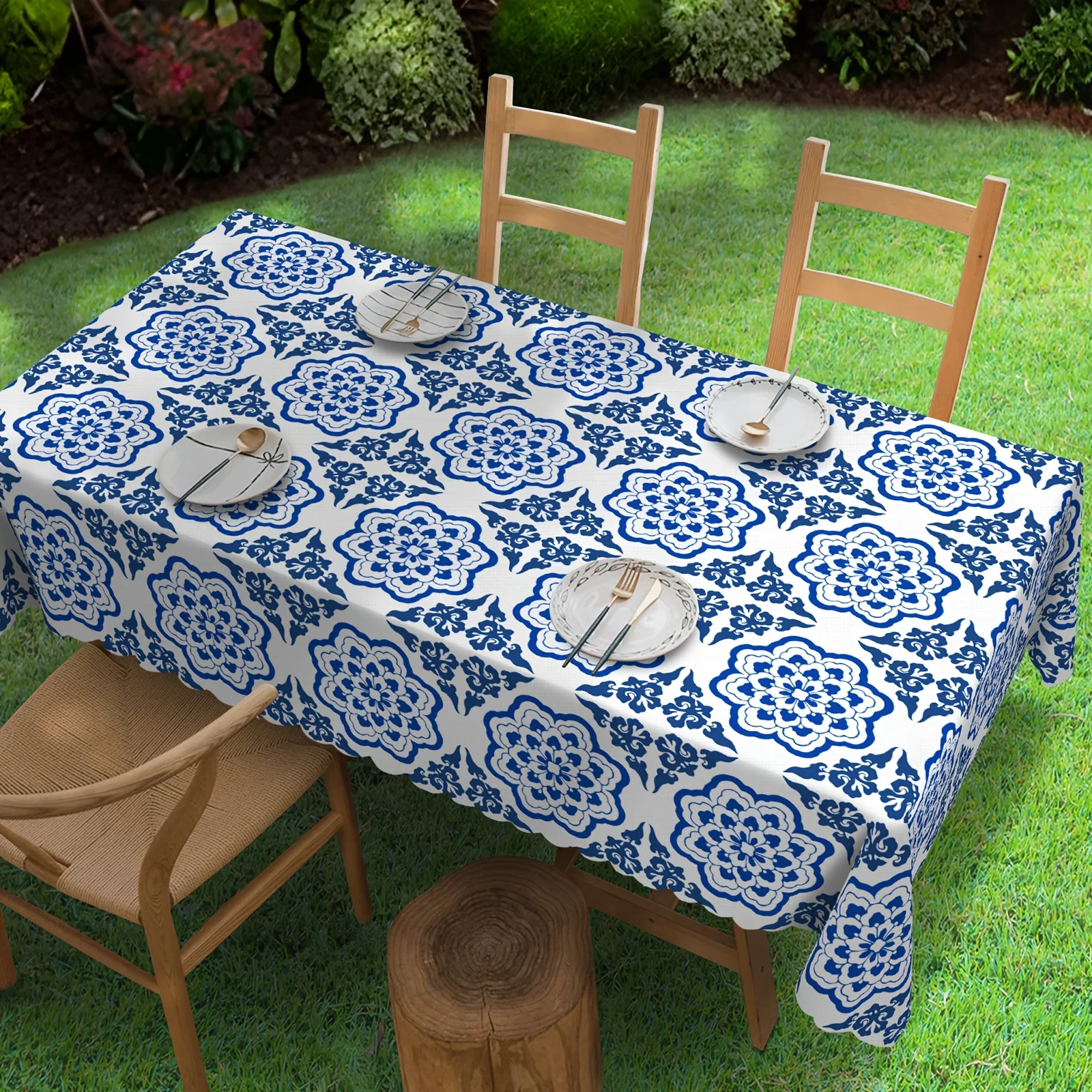 1 piece, Bohemian geometric blue and white rectangular tablecloth, suitable for daily lunch both indoors and outdoorsxzj