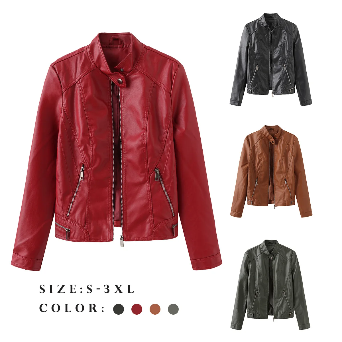 

2023 Women Bomber Motorcycle Leather Jacket Long Sleeve Stand Collar Slim Fit Streetwear Outerwear Clothes Female Coat