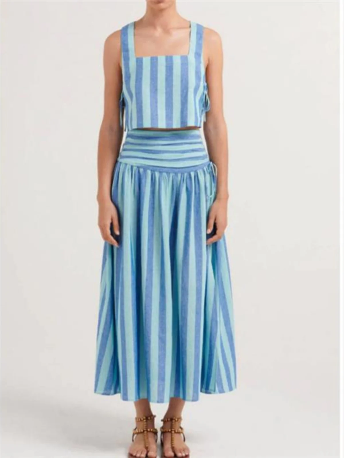 

Ele Blue Striped A-Line Skirt Slimming High Waist Midi Skirt Korean Sle Women's Faion Summer Cotton High Waist Skirt