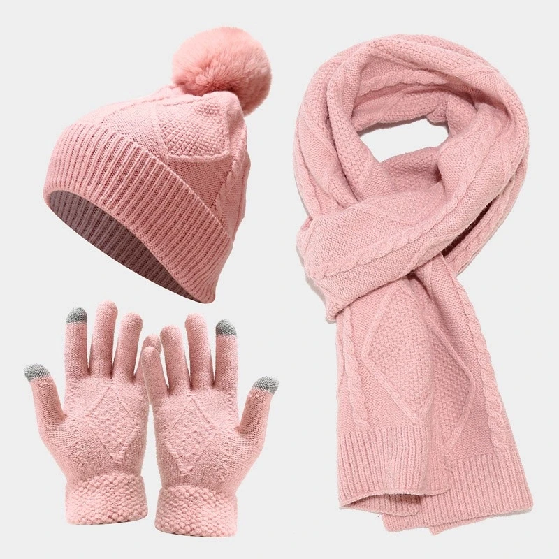 Women Knitted Hat Scarf Gloves Set Winter Outdoor Thickened Suit for Cycling Cold-Proof Warm Thickened Cap Suit Three-piece Set