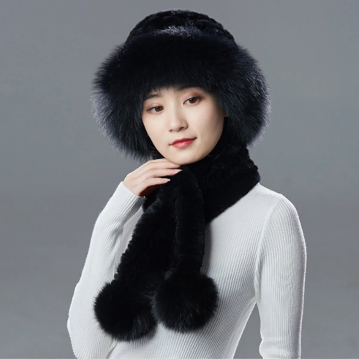 FEIMANYUAN New Natural Rex Rabbit Fur Hat Scarf Set And Fur Ball Winter Accessories Hot Sale Winter Warm Fox Fur Scarf