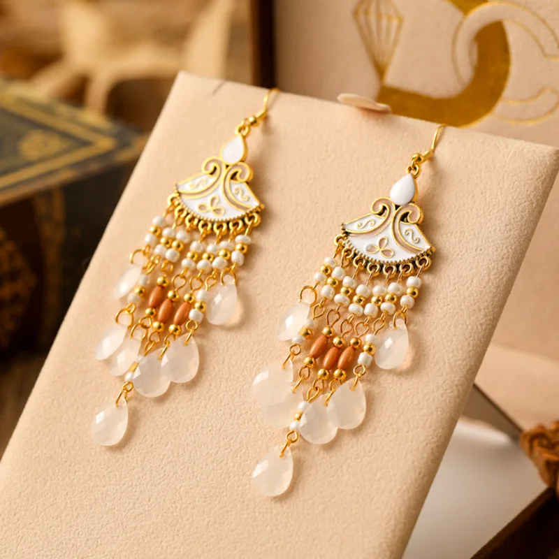 Böhmische mehrfarbige Reis perle Wasser tropfen Ohrringe für Frauen Temperament lange Emaille fächerförmige Ohrring Urlaub Party Schmuck – Detail 10