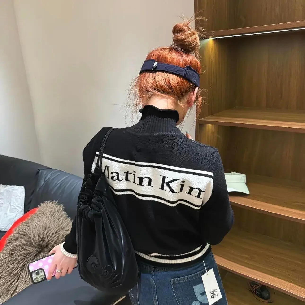Matin Kim Logo Knit Zip Vest, Stripe Jacquard Stand Collar Unisex Couple Sleeveless Top