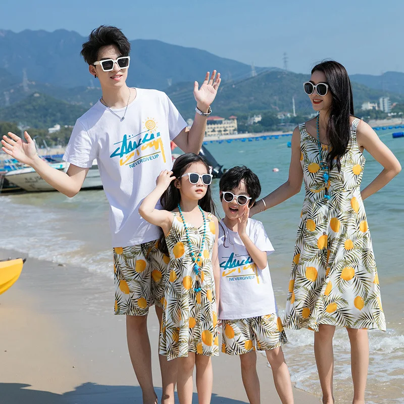 Summer Beach Family Matching Outfits Mum Daughter Floral Dresses Dad Son Cotton T-shirt+Shorts Couple Clothes Holiday Seaside