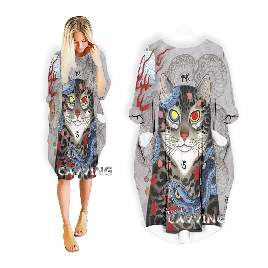 

Japanese Tattoo Samurai Cat 3D Printed Streetwear Women US Size Dress Fashion Harajuku Short Sleeves Clothes Women Clothing
