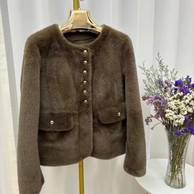 High Quality O-Neck Short Top Single-Breasted Faux Fur Jacket Luxury Soft Faux Mink Eco-Friendly Fur Coats Women's Mink Coat