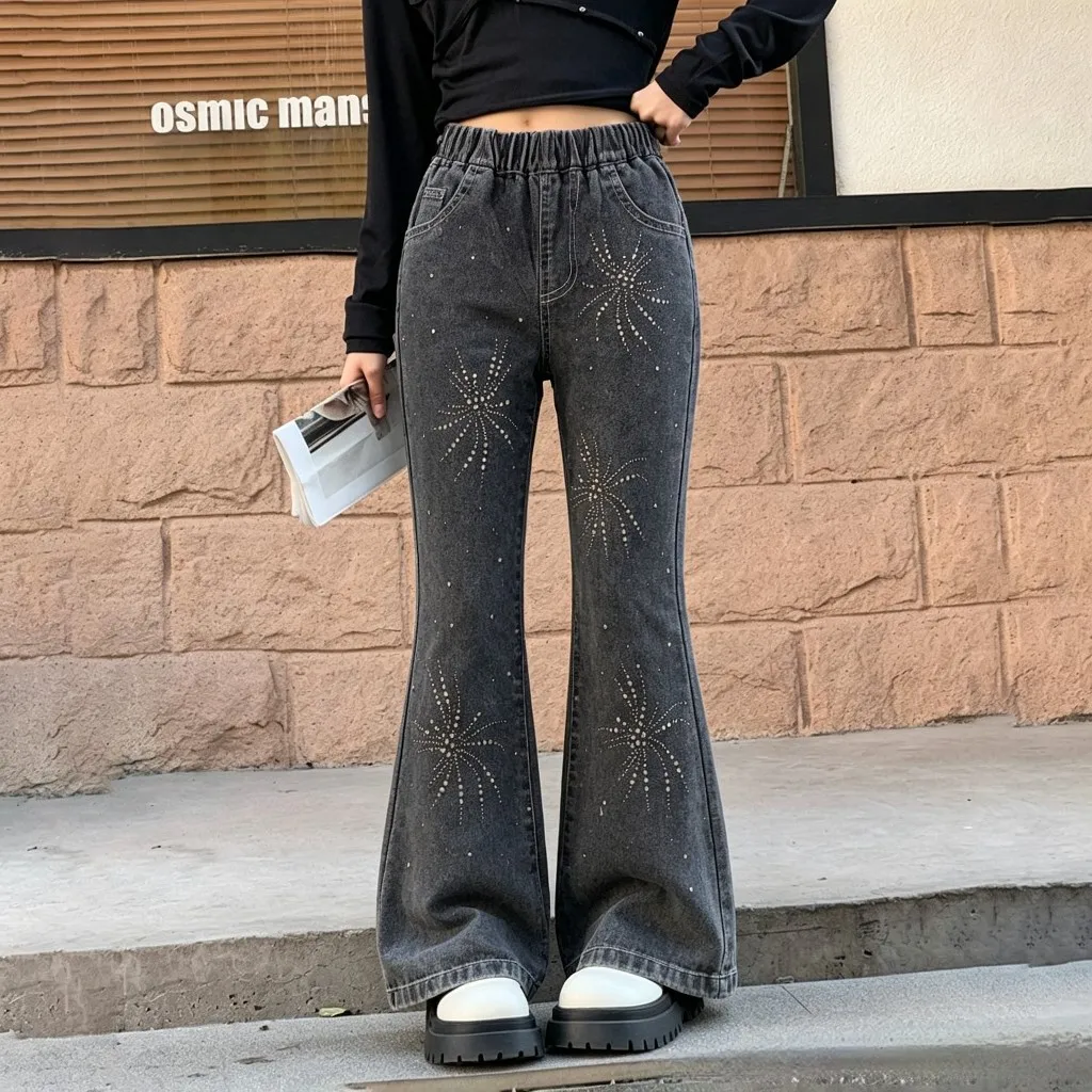 Girls 2026 Spring Autumn Rhinestone Flare Jeans Big Kids Fashion Micro Flare Denim Trousers