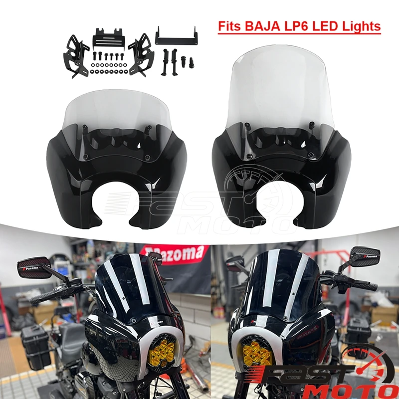 Front Fairing 12" Windshield Cowl Windscreen For BAJA LP6 LED Lights Mounting Bracket Kit For Harley Softail Fat Bob 2018-2025 view 2