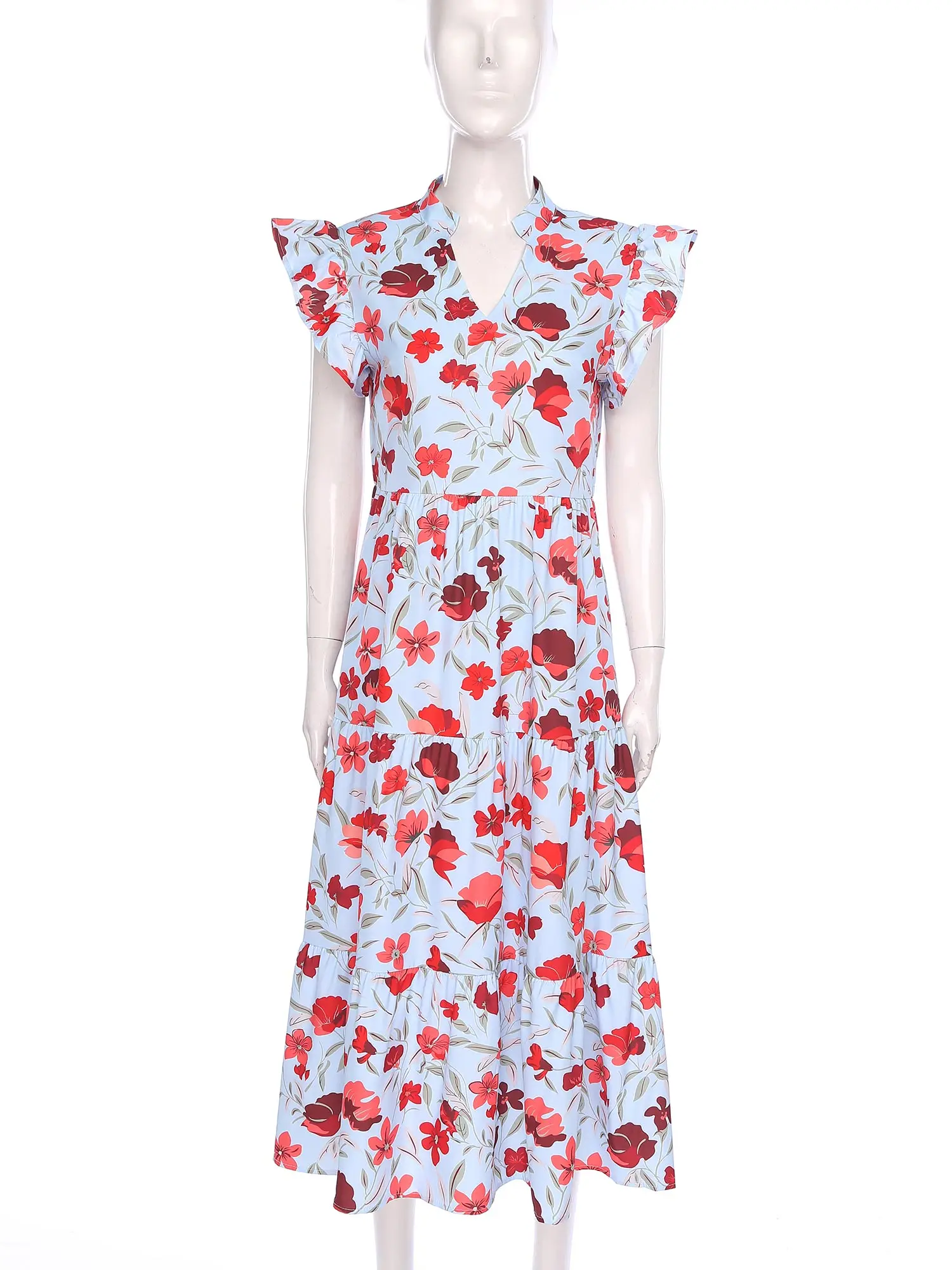 Abito floreale Lady Abiti lunghi da spiaggia da donna Stile Boho Scollo a V Increspato Esci Vacanza Abito da sole Abito casual fluido Prendisole