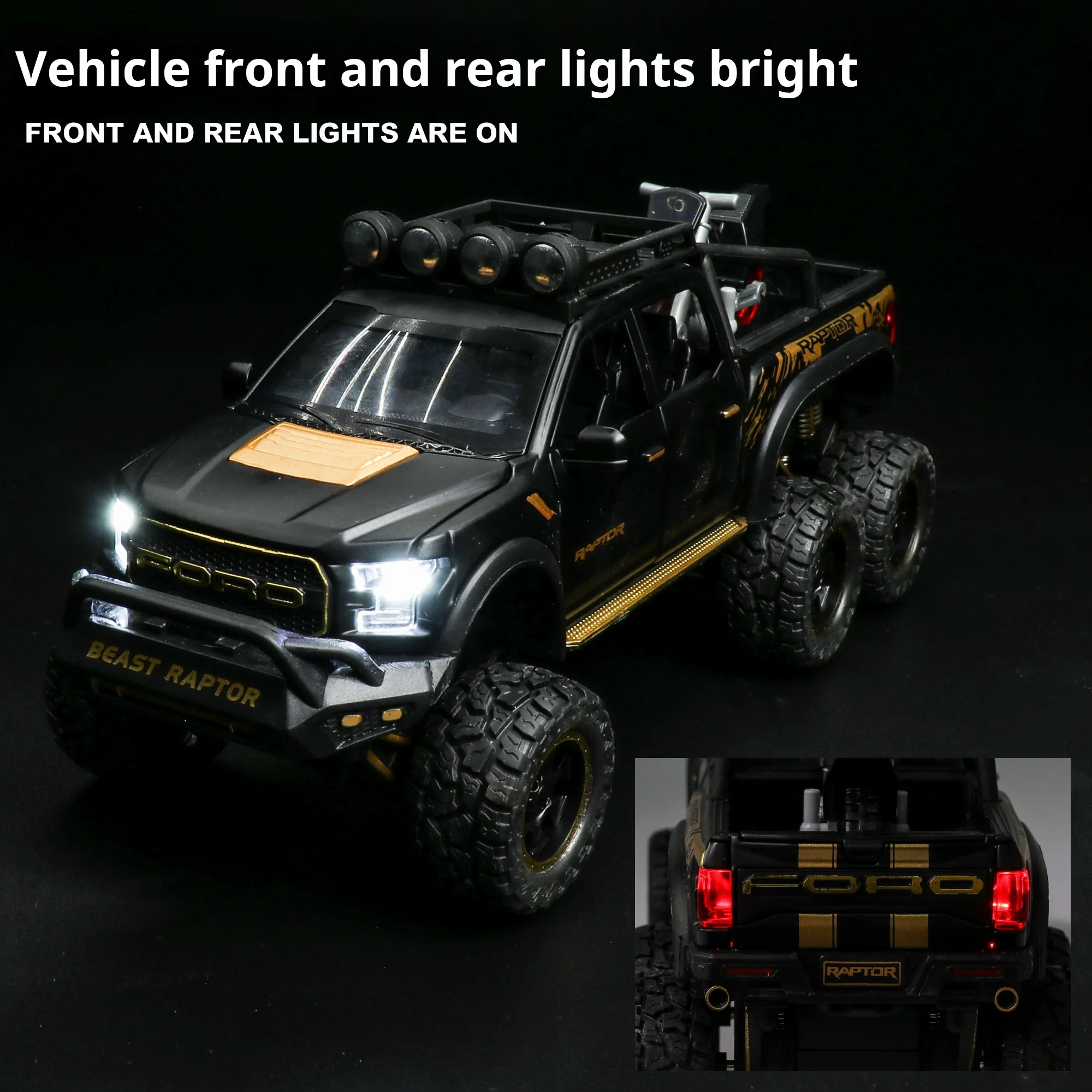 Ford raptor f150 off-road 24 escala diecast supercar modelo brinquedo com som & luz puxar para trás meninos presente colecionáveis