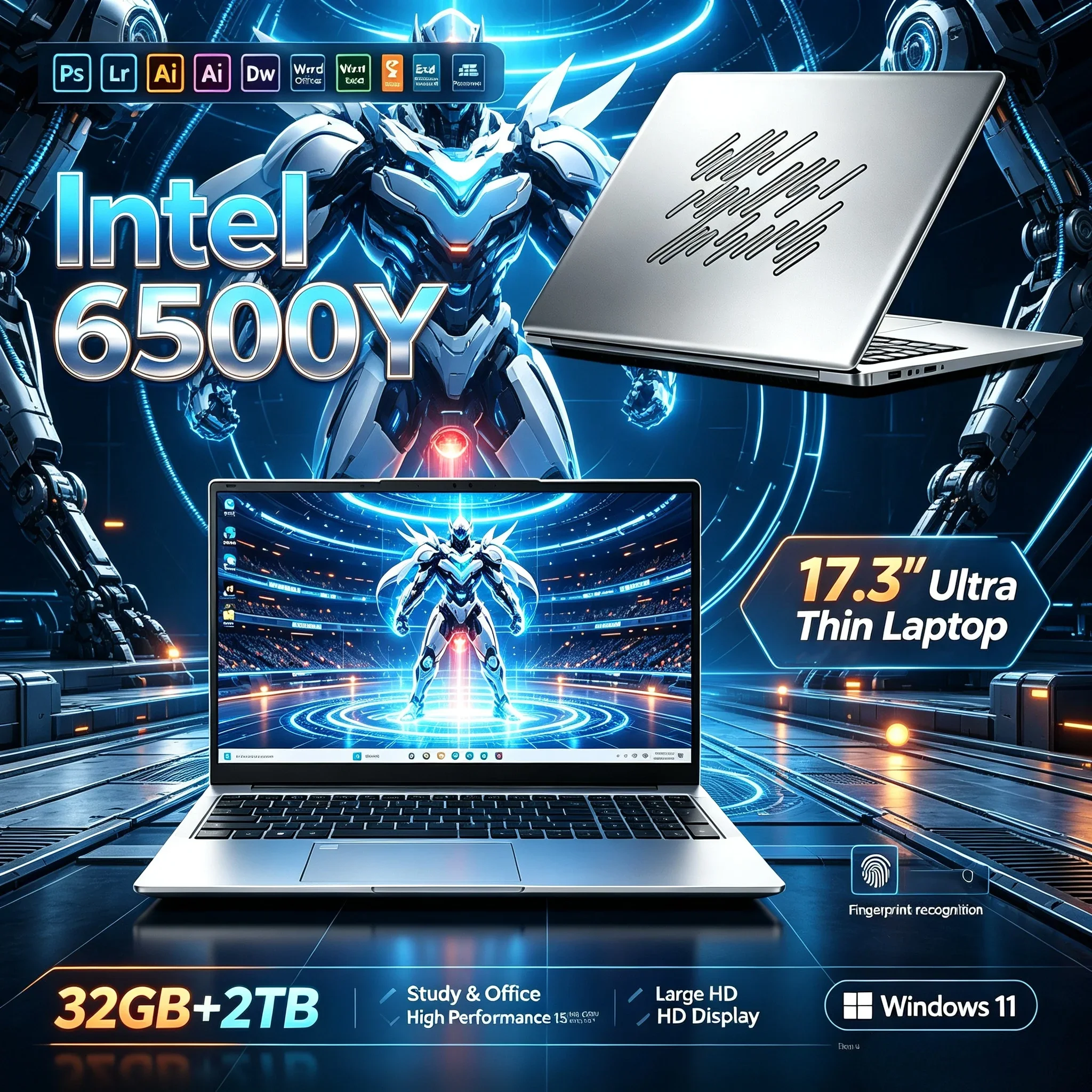 New 17.3'' Inch Portable Big Display Notebook PC Intel 6500Y 32GB RAM 1TB 2TB SSD Win11 WiFi 6 Bluetooth5.2 HD Laptop Home Study