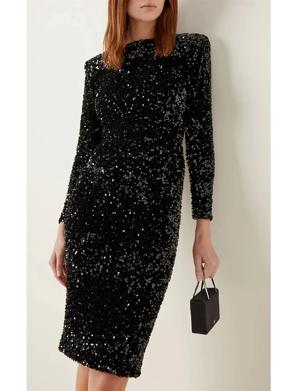 Formal  Za Fashion Little Black Sparkle Homecoming Cocktail Party Dress Jewel Neck Long Sleeve Knee Length