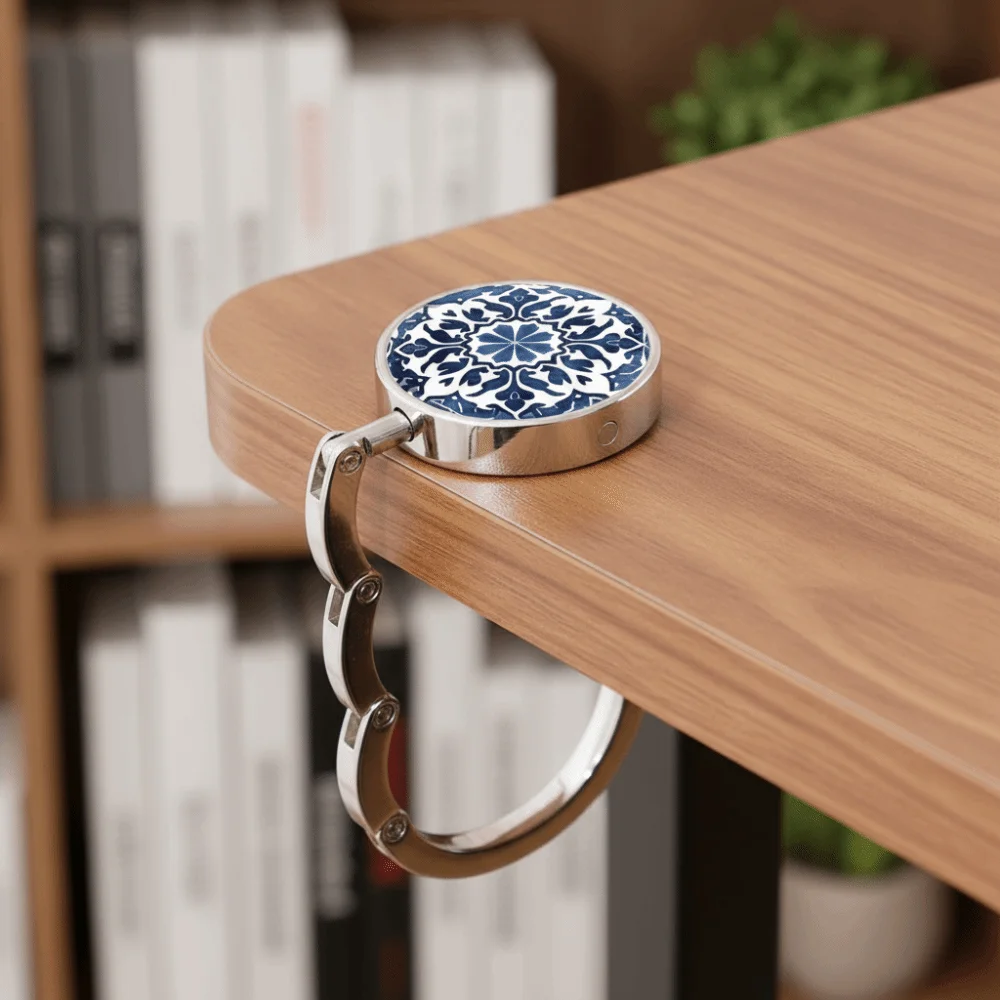 Blue-and-White Porcelain Pattern Table Handbag Hook Zinc Alloy Round Desktop Handbag Holder Folding Non-slip Back