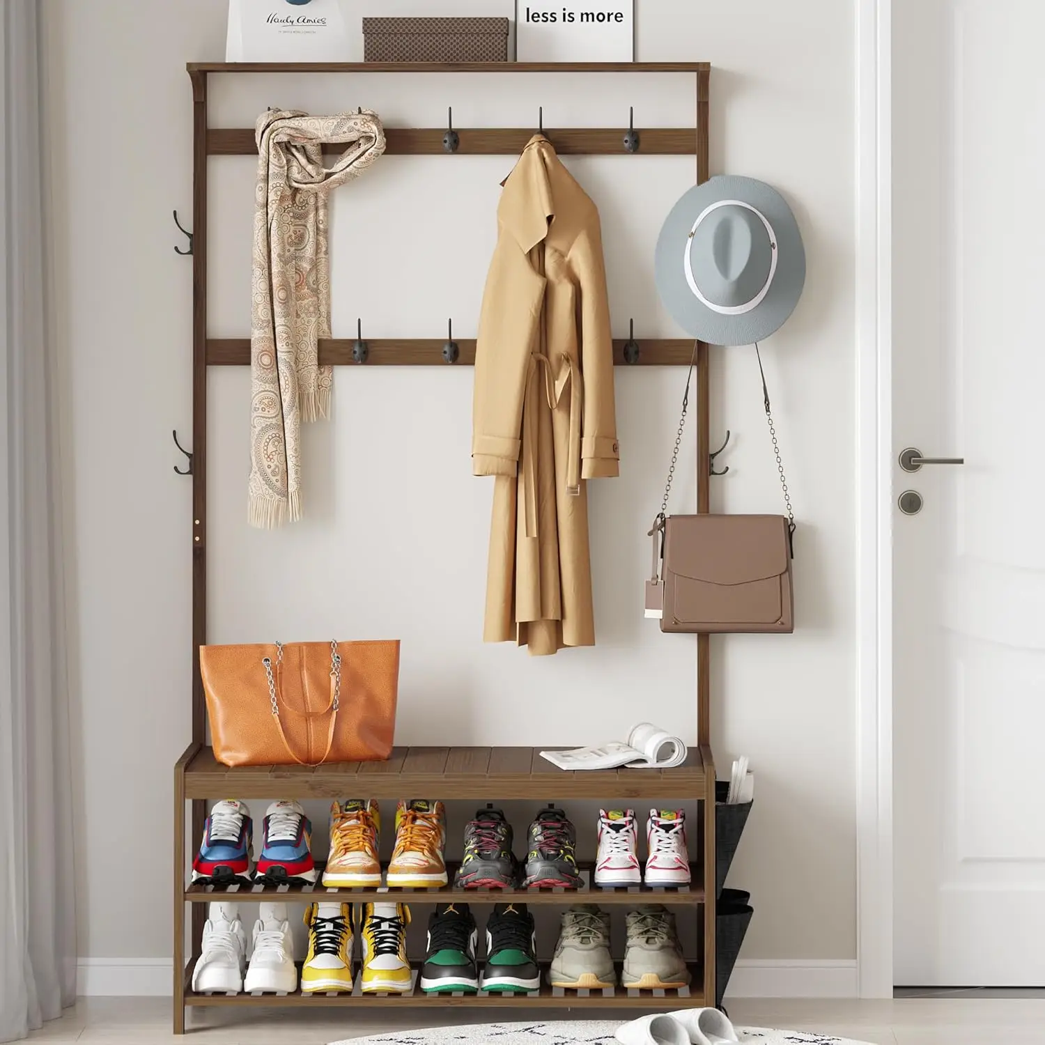 Hall Tree with Shoe Bench Entryway with Coat Rack 6-in-1 Coat Rack Shoe  Cloth Bag Storage  14 Coat Ho