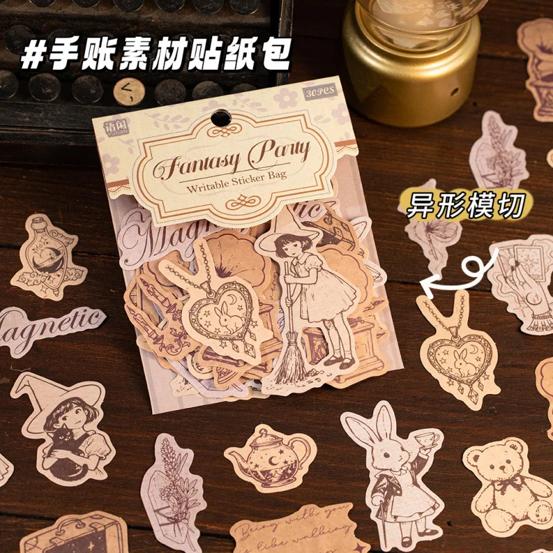 30 Sheets Vintage Hand-Painted Style Stickers Retro Artistic Motifs For Journal Scrapbook Deco