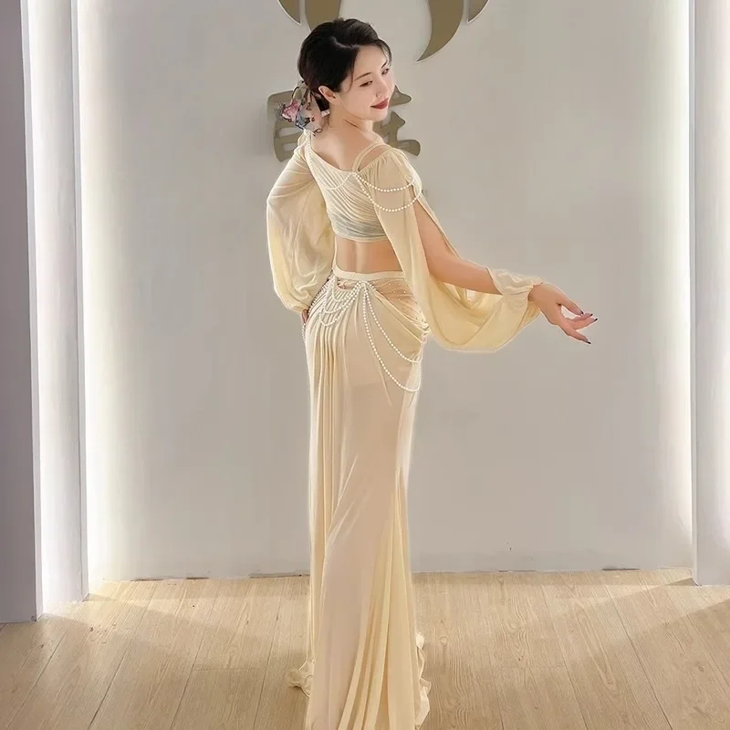 

Костюмы для танца живота по индивидуальному заказу, тренировочный наряд, сексуальный топ для восточных танцев и длинная юбка, струящийся костюм для женщин, ажурная юбка