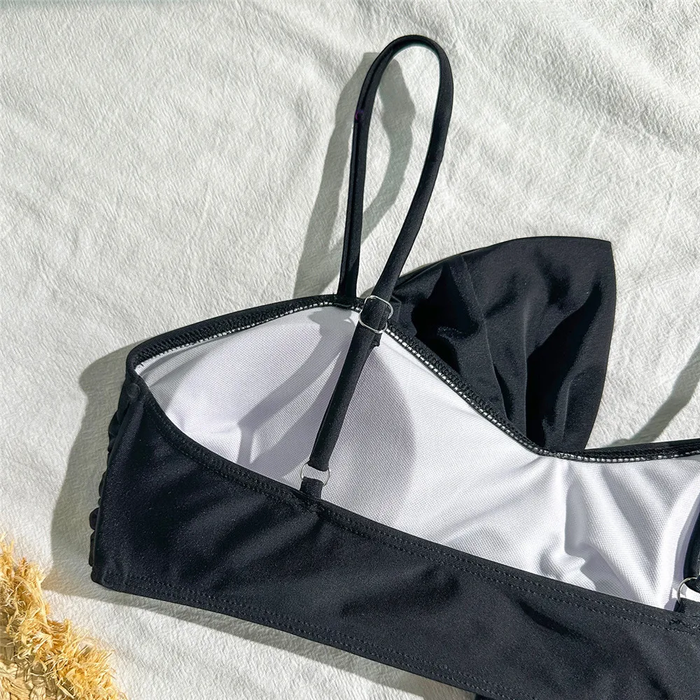 Sexy Black Front Big Bow Knotted Swimwear High Waist Bikinis Sets Wave Print Swimsuit Woman 2026 Ruched Bather Bikini Mujer