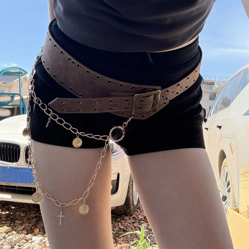 

Джинсовые брюки Декор из искусственной кожи с шипами Пояс Персонализированная ретро-цепочка на талию Y2K Хип-хоп Джинсовый ремень