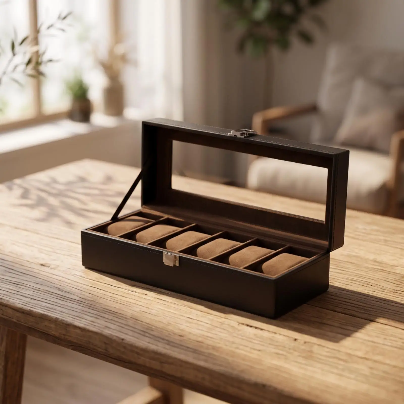 PU Leather Watch Organizer Box with Glass Lid Lockable Storage Case for Men Women Gift Display Counter Box