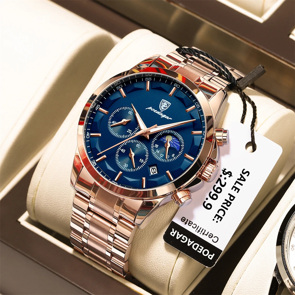 

POEDAGAR Luxury Man Wristwatch Military Waterproof Luminous Chronograph Men Watch Stainless Steel Men's Quartz Watches+box Reloj