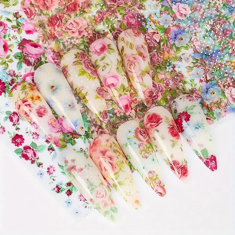 10 Piezas Mixtas Láminas de Transferencia para Arte de Uñas Set de Pegatinas Diseños de Rosas Florales Cielo Estrellado Envolturas de Uñas Decoración de Manicura para Boda Verano 5