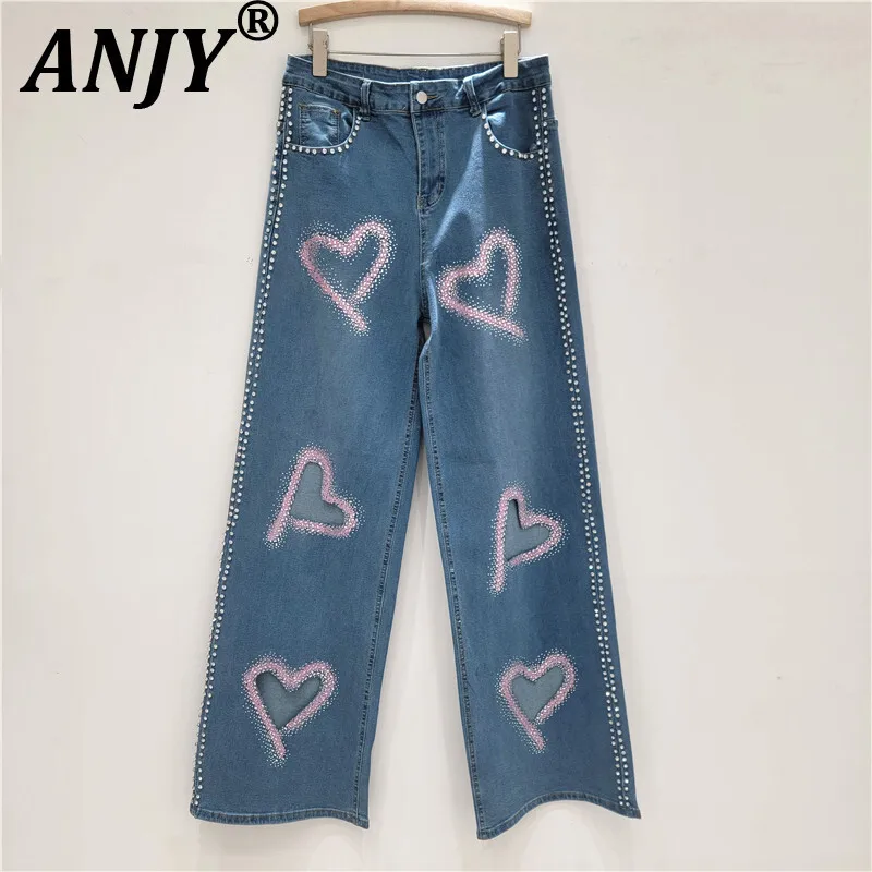 

ANJY Women's Vintage High Street Heavy Craft Studded Diamonds Heart Hollow Out Wide Leg Jeans Tide Slimming Straight Pants A8517