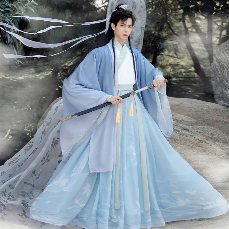 

Chinese Hanfu Costume Men&Women Halloween Carnival Cosplay Costume Couples Party Outfit Ancient Blue Printed Hanfu Dress